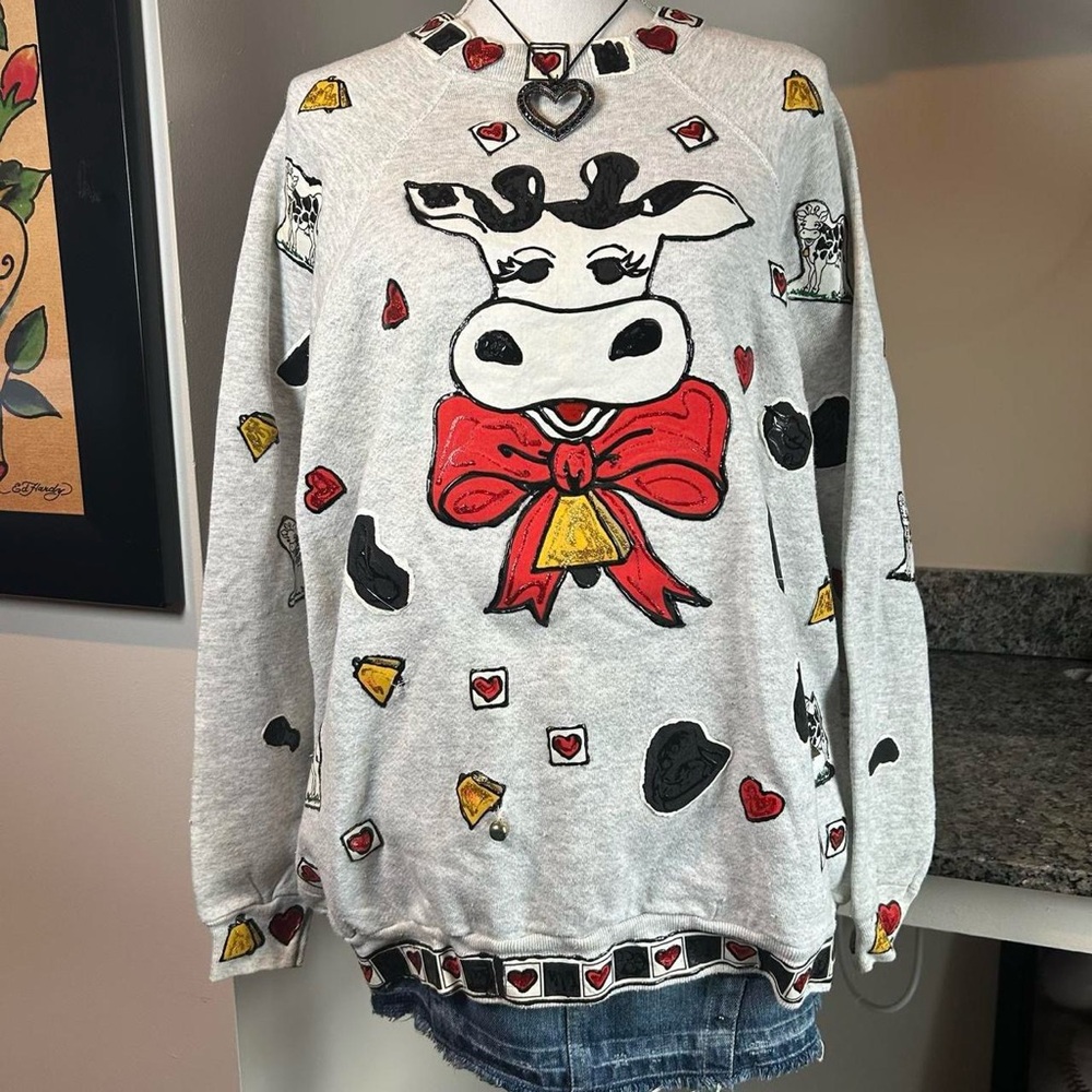 Vintage 90s Cow Grandma Core Maximalist Embellished Grey 1X Crewneck